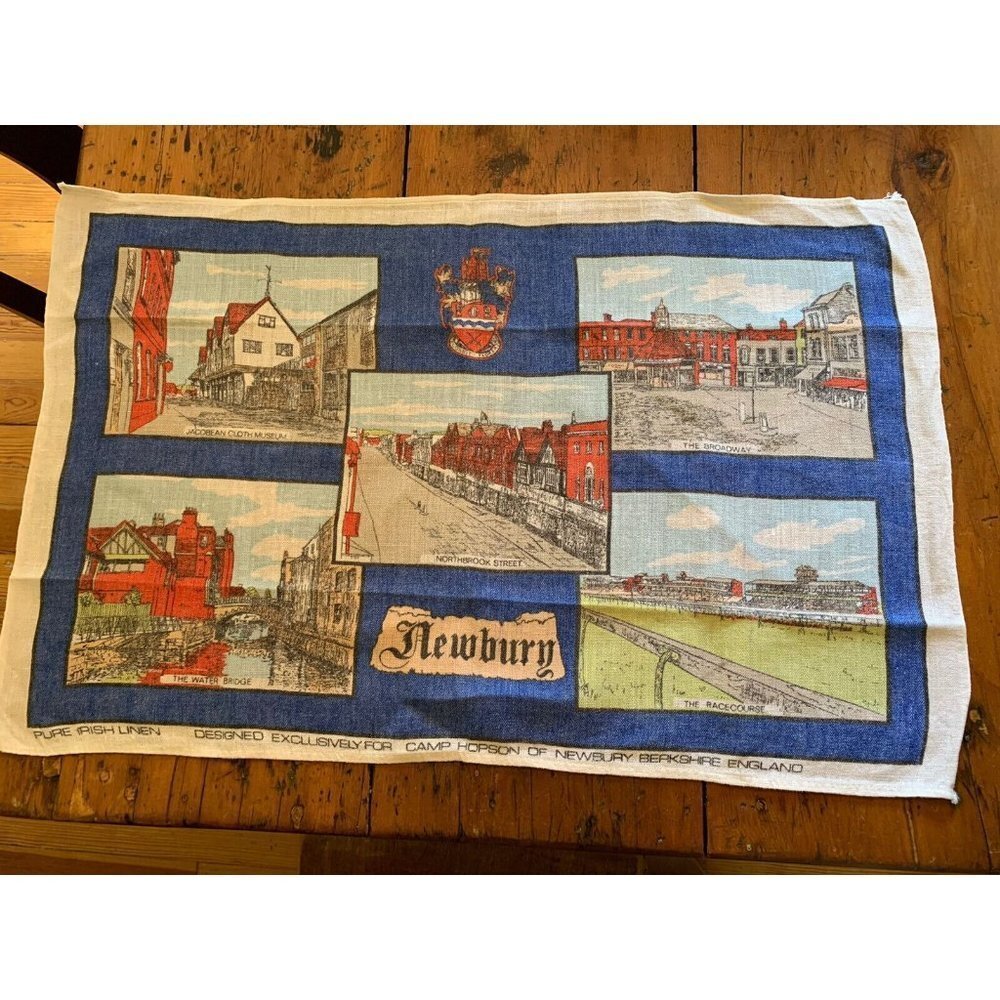 Vintage Irish Linen Tea Dish Towel "Newbury Landmarks" Made Exclusively for Camp